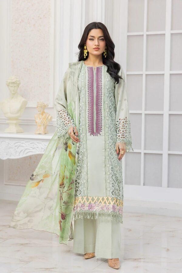 JOHRA Shaz:ma:  4 PIECE JH-364 EMBROIDERED+ CHIKANKARI LAWN WITH PRINTED BAMBER